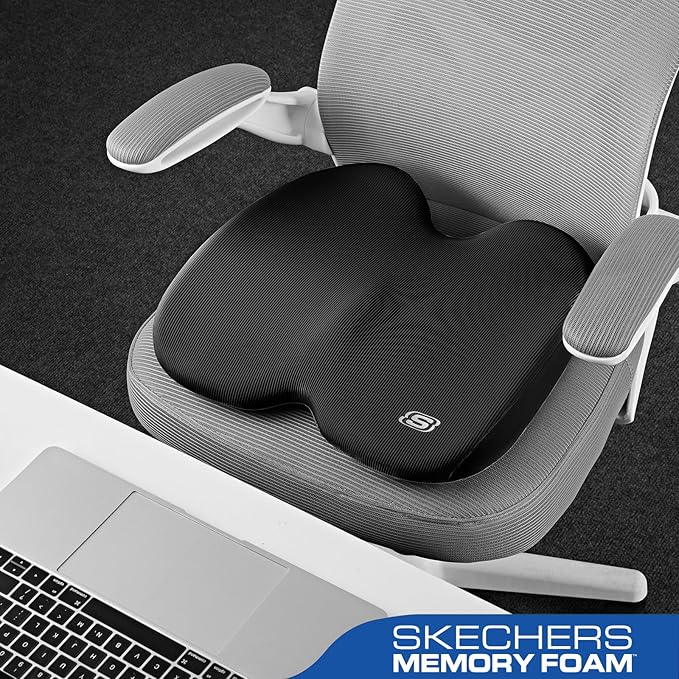 Skechers Memory Foam Seat Cushion,Ribbed Fabric Office Chair Cushion for Tailbone Pain Relief,Butt Pillow for Office Chair,Car Seat Cushion,Long Sitting Office Workers,and Car Drivers,Black
