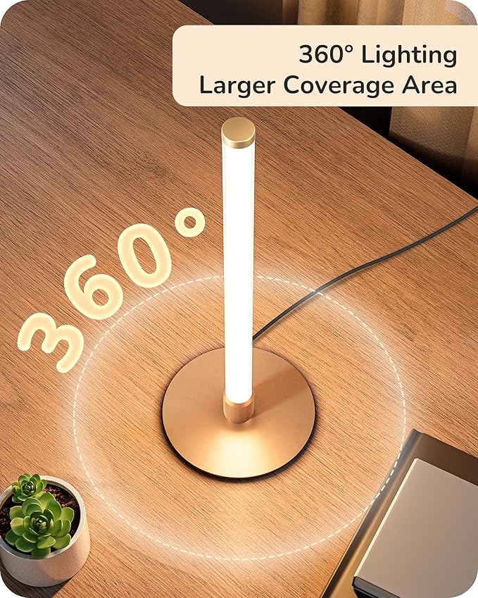 EDISHINE Modern Table Lamp, LED Slim Bedside Lamp with 360° Illumination, Stepless Dimming & 3 Color Temperature, Nightstand Lamp for Bedroom, Living Room, Gold