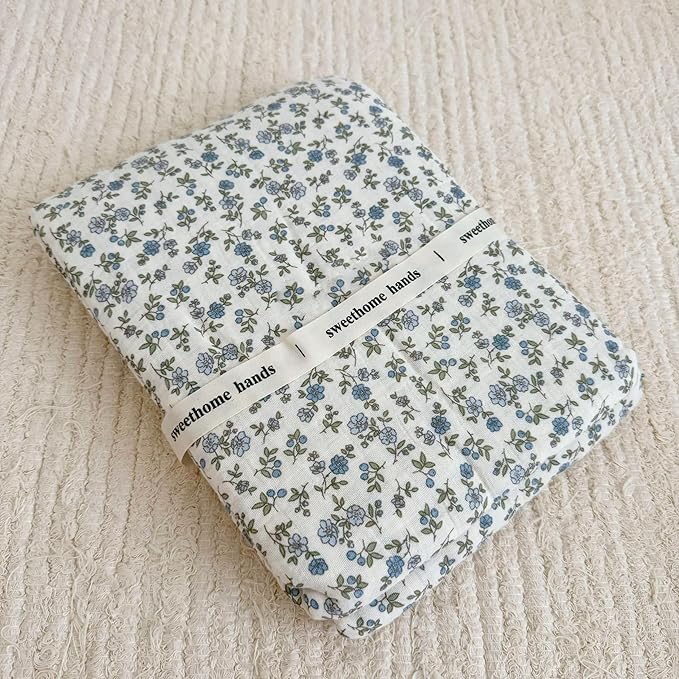 BuLuTu 100% Cotton Muslin Toddler Blanket for Girls Boys Shabby Chic Blue Floral Baby Blanket Soft Lightweight Toddler Bed Blankets Gauze Cotton Crib Quilt, 1 pc, 47"x51"