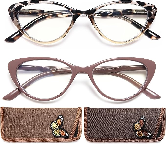 EYEURL Cat Eye Reading Glasses for Women 2 Pair Blue Light Blocking Readers 1.25 Comfort Spring Hinge Lightweight Eyeglasses Anti Glare for Ladies