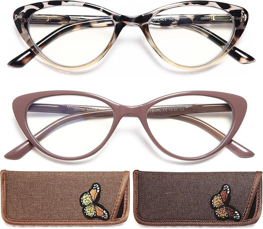 EYEURL Cat Eye Reading Glasses for Women 2 Pair Blue Light Blocking Readers 2.25 Comfort Spring Hinge Lightweight Eyeglasses Anti Glare for Ladies