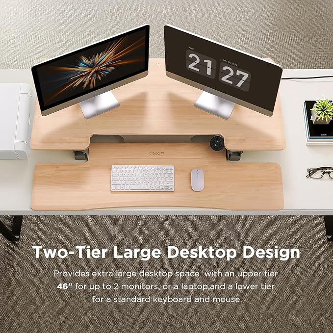 46" Electric Standing Desk Converter, Dyropcurv Series Height Adjustable Computer Desk Ergonomic Home Office Desk for Adults, Sit to Stand Desk with Quiet Motor, Light Wood