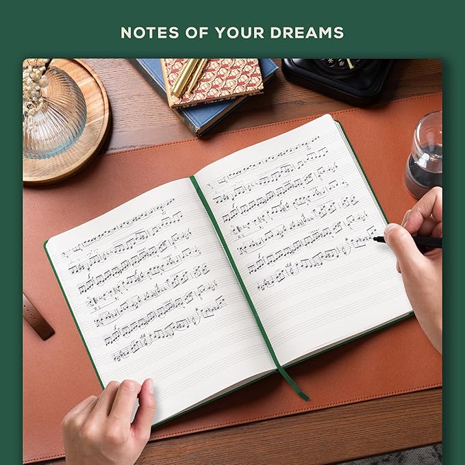 BEECHMORE BOOKS Blank Sheet Music Notebook – A4 8.5x11.5 for Songwriters, Musicians & Composers, 156 Thick 120gsm Pages, 10-Staff Perforated Sheets, Vegan Leather Hardcover, Elastic Closure, Gift Box