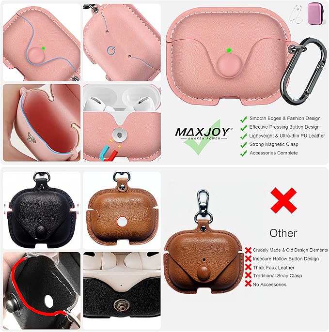 Maxjoy for AirPods Pro 2 Case Leather, Airpods Pro Leather Case Cover with Keychain Airpod Strap Compatible with Apple Airpod Pros 2nd Generation 2023 2022/AirPods Pros 2019 (Front LED Visible), Pink