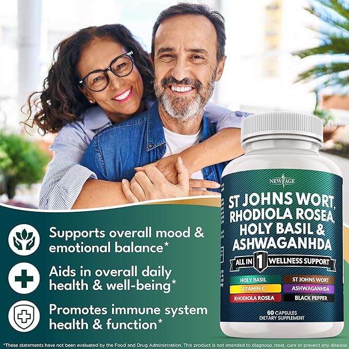 NEW AGE St Johns Wort, Rhodiola Rosea, Holy Basil, Ashwagandha - Support for Women and Men with Vitamin C & Black Pepper Extract - 180 Count