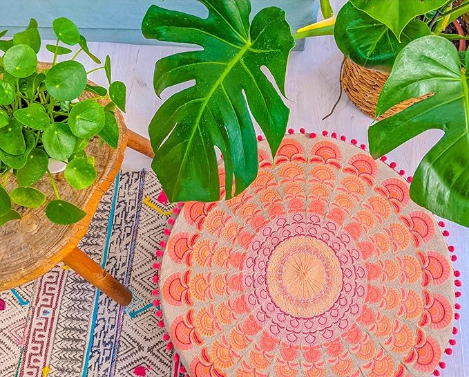 Mandala Life ART Large Boho Pouf Cushion Cover Pink Round Floor Pillow Luxury Kids Room Décor Cotton Pouf Ottoman Cushion for Meditation Yoga and Boho Chic Seating Area Stool Cotton 24x8 Unstuffed