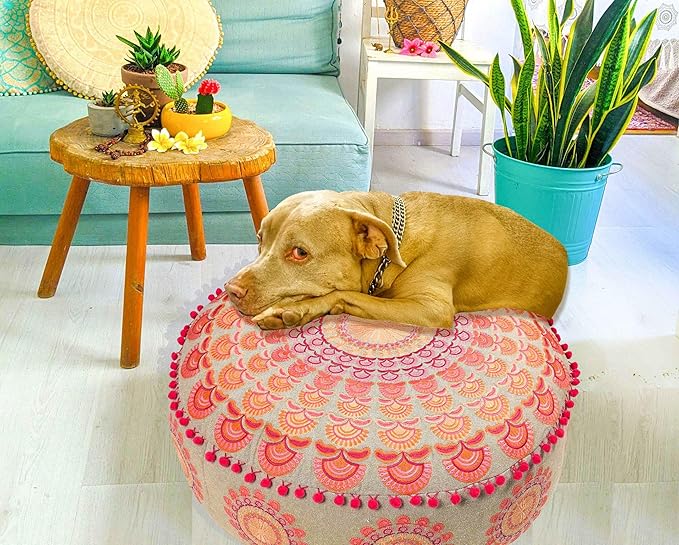 Mandala Life ART Large Boho Pouf Cushion Cover Pink Round Floor Pillow Luxury Kids Room Décor Cotton Pouf Ottoman Cushion for Meditation Yoga and Boho Chic Seating Area Stool Cotton 24x8 Unstuffed