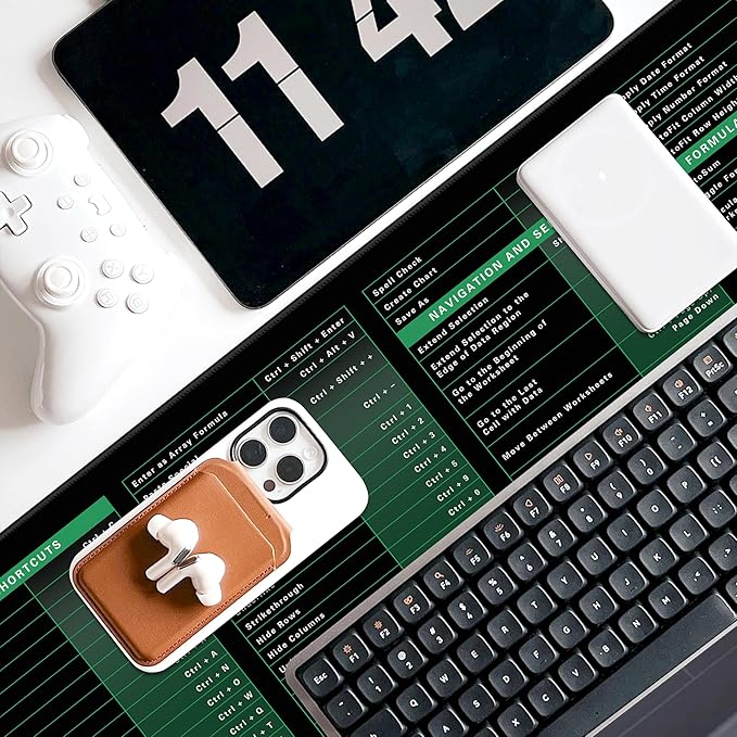 Excel Cheat Sheet Desk Pad, 31.5"x11.8", Waterproof Extra Large Excel Shortcut Mat with Stitched Edges, Anti-Slip Excel Mouse Pad for Office Desk, MS Excel/Word Shortcuts (Green Excel K)