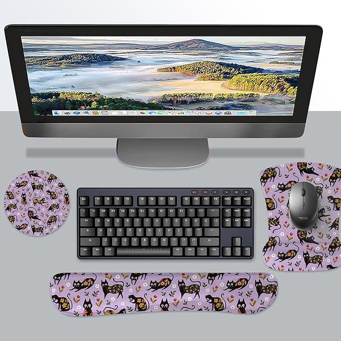 RICHEN Mouse Pad and Keyboard Wrist Rest, 3-in-1 Computer Mousepad and Coaster Set, Non-Slip Keyboard Wrist Rest and Mouse Pad Set Ergonomic Design (Flower Cats)