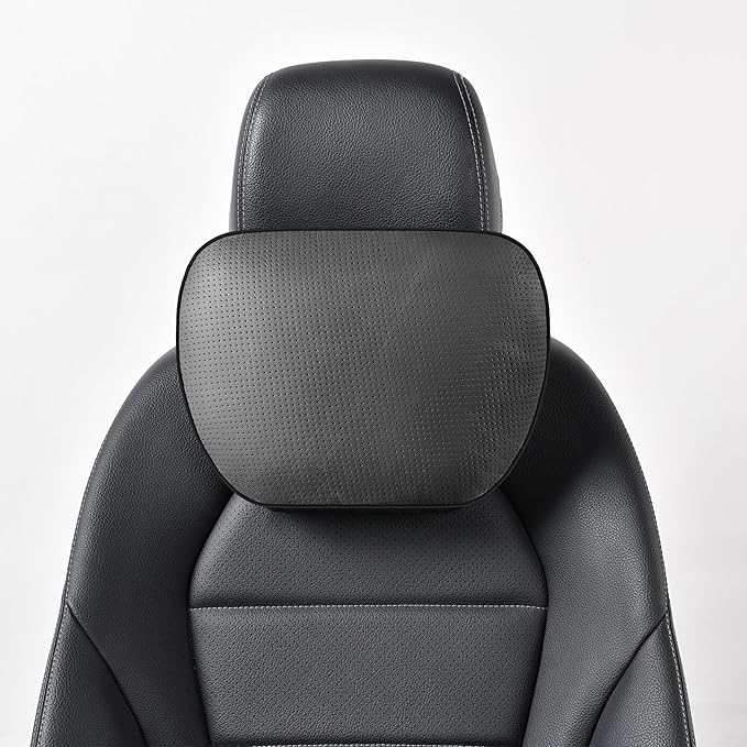 Genuine Cowhide Leather Headrest car Neck Pillow,Head Support Rest Driver,11.8x7.5”Real Cow Leather,Suede,Plant-Based Polyester,refillable&Adjustable Travel Vehicle Cushion(Black,1p)