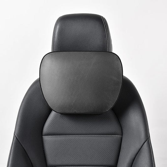 Genuine Cowhide Leather Headrest car Neck Pillow,Head Support Rest Driver,11.8x7.5”Real Cow Leather,Suede,Plant-Based Polyester,refillable&Adjustable Travel Vehicle Cushion(Black,1p)
