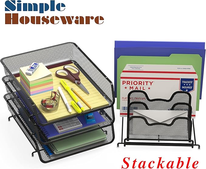 Simple Houseware 3-Tier Stackable Desk Organizer with 5 Compartments - Letter Tray and Step File Sorter, Black