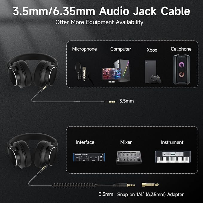 Over Ear Bluetooth Headphones, Studio Monitor & Mixing DJ Headphones Wireless with 50mm Drivers and 1/4 to 3.5mm Wired Audio Jack for Guitar AMP Recording Podcast Piano, 100H Playtime, Black