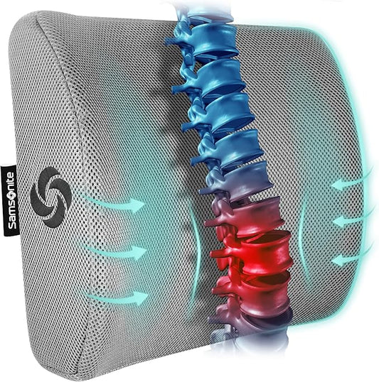 Samsonite Ergonomic Lumbar Support Pillow for Office Chair, Gaming Chair, or Car, Memory Foam Cushion with Ventilated Mesh and Adjustable Strap, Gray
