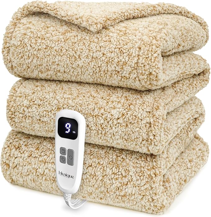 Electric Heated Blanket Full Size 72x84 inches, Fast Heating w/ 10 Heat Settings & 2/4/8/10H Auto Timer, Double-Sided Sherpa, Ultra Soft & Cozy for Couch, Bed, Office, Machine Washable, Light Camel