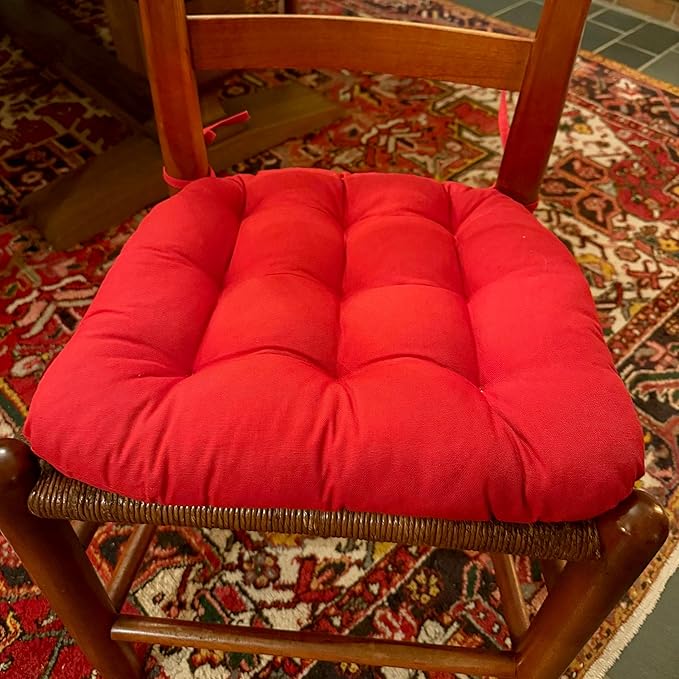 Barnett Home Decor Cotton Duck Red Dining Chair Pad with Ties - 15 x 17 Size Small Chair Cushion - Latex Foam Fill - Machine Washable, Reversible, 100% Cotton, Made in USA (Fire Engine - Flame)