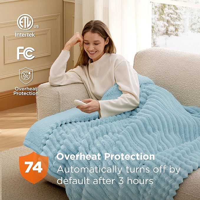 Bedsure Heated Blanket Electric Throw - Thick Striped Flannel Electric Blanket, Heating with 4 Time Settings, 6 Heat Settings, and 3-Hour Timer Auto Shut Off, Gift for Grandma (50"x60", Light Blue)