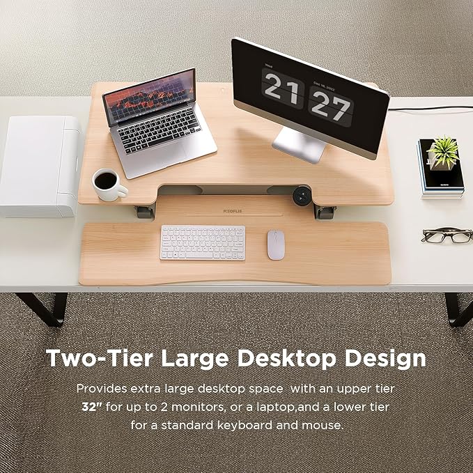 32" Electric Standing Desk Converter, Dyropcurv Series Height Adjustable Computer Desk Ergonomic Home Office Desk for Adults, Sit to Stand Desk with Quiet Motor, Light Wood