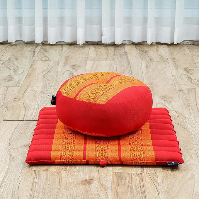 Leewadee Meditation Cushion Set – 1 Small Zafu Yoga Pillow and 1 Small Roll-Up Zabuton Mat Filled with Kapok