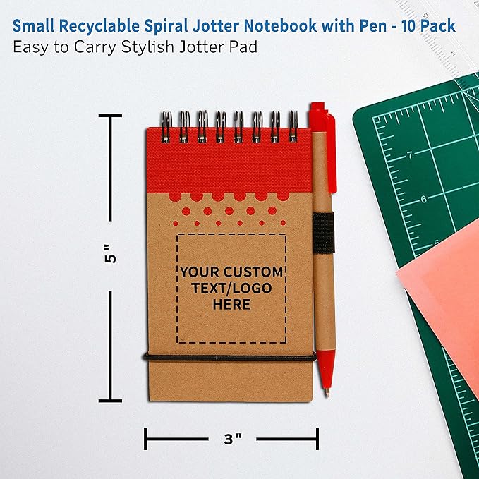 DISCOUNT PROMOS 10 Recyclable Spiral Small Notebooks Pack - Customizable Text, Logo - 60 Lined Pages - Red
