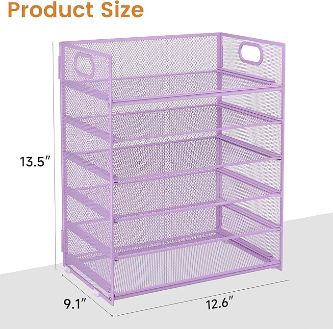 Subekyu 6 Tier Paper File Tray Organizer for Desk, Purple Mesh Desk Letter Paper File Folder Accessories Sorter Organizer with Handle, Stackable Slide Tray for Office, Home or School Supplies Storage