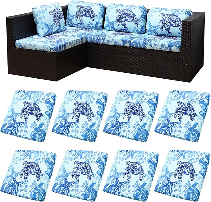 8Pcs Stretch Patio Cushion Covers,Outdoor Couch Covers Replacement,Outdoor Couch & Sofa Slipcovers,for Patio Furniture Cushion Covers,Washable Reusable Furniture Protector (Sea Turtle,Cover Only)