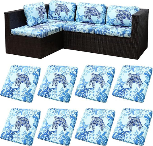 8Pcs Stretch Patio Cushion Covers,Outdoor Couch Covers Replacement,Outdoor Couch & Sofa Slipcovers,for Patio Furniture Cushion Covers,Washable Reusable Furniture Protector (Sea Turtle,Cover Only)