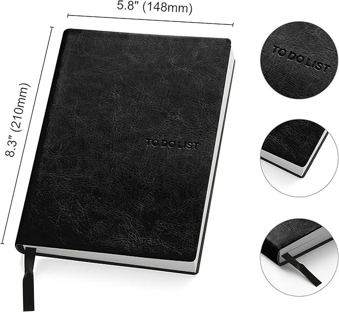 Daily to Do Checklist Notebook, Task Management, Organizer Planner, Hardcover, Ribbon Bookmark, 5.8 x 8.3”, A5 size, 110 Sheets (Black)