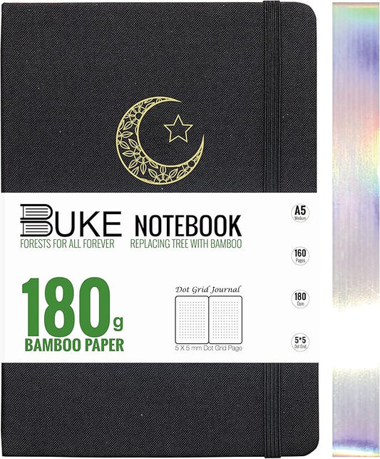 BUKE Dotted Journal,A5 Hardcover Dot Grid Notebook 180Gsm Bamboo White Paper, 5 * 5MM Dots 160 Pages, Lay Flat Binding,Colored Silver Edges, Bookmarks and Expandable Back Pocket MOON