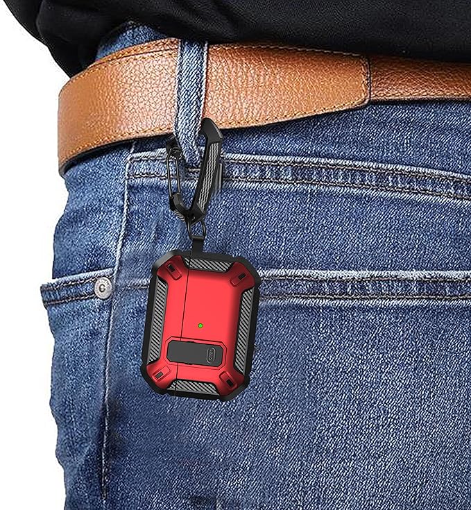 Maxjoy for AirPods Pro Case Cover with Lock, AirPods Pro 1st Generation Case for Men Military Rugged Protective Cover with Keychain Compatible with Apple AirPod Pros 2019 Front LED Visible, Red