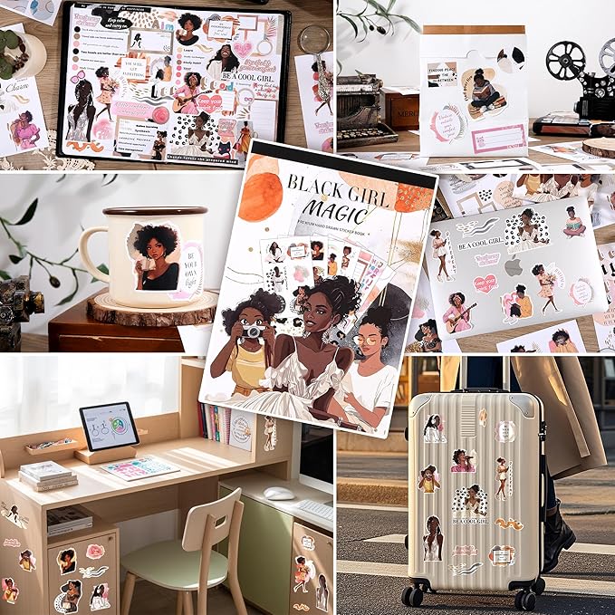 Black Girl Decal Stickers Book For Planners, Calendars, Journals, Vision Boards, Projects, Laptop & Water Bottles – Premium Quality, Hand Drawn, Waterproof – Scrapbook Accessories For Women - 24 Pages