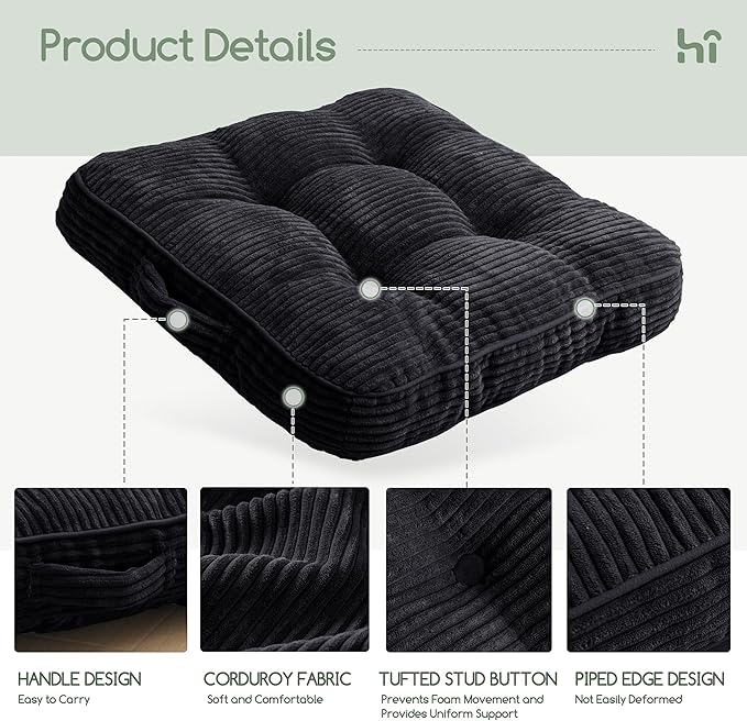 HIGOGOGO Washable Floor Pillow Cushion for Adults, Meditation Cushion Pillow, Large Square Floor Sitting, Removable Tufted Corduroy Cover, for Tatami Living Room or Yoga, 22x22 Inch, Machine Washable