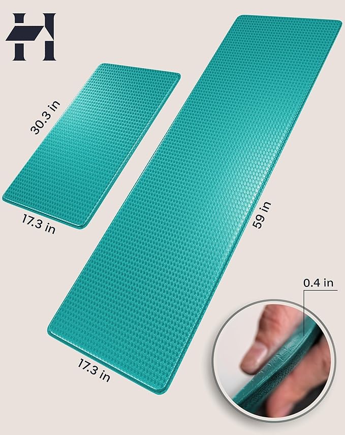 Anti-Fatigue Kitchen Mat Set – 2-Piece Memory Foam Cushioned Mats for Standing – Turquoise, 18×30 & 18×60, 0.4 in Thick, Waterproof, Non-Slip – Homergy