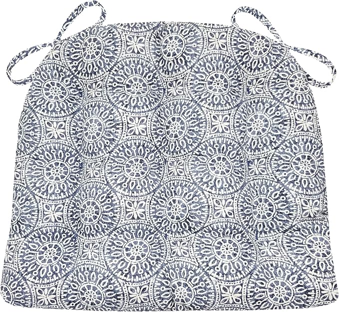 Barnett Home Decor Tibet Blue Dining Chair Pad with Ties - 15 x 17 Size Small Chair Cushion - Latex Foam Fill - Machine Washable, Reversible, 100% Cotton, Made in USA (Mandalas - Navy)