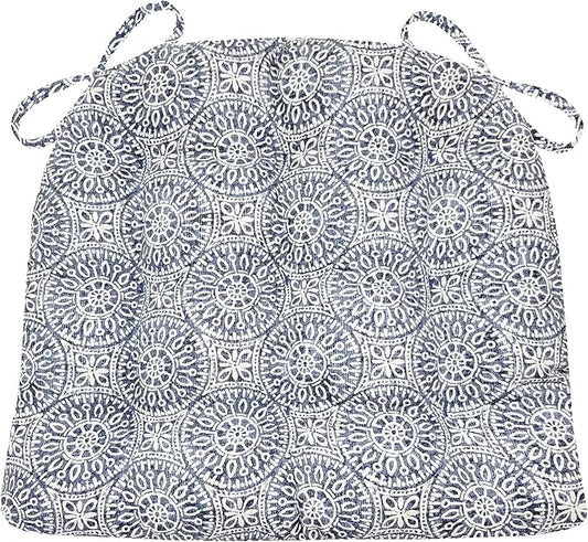 Barnett Home Decor Tibet Blue Dining Chair Pad with Ties - Medium Size 18 Chair Cushion - Latex Foam Fill - Machine Washable, 100% Cotton, Made in USA (Navy Mandalas)