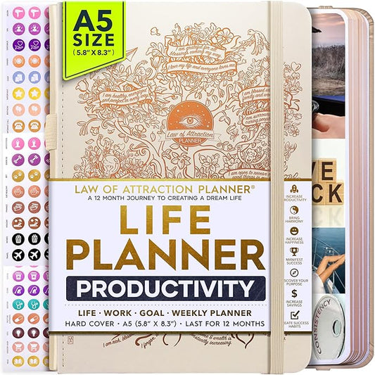 Life Planner - Undated Weekly & Monthly Planner, 12-Month Journey to Increase Productivity | Gratitude Journal, Life Organizer & Goal Journal | Include Foldable Vision Board, Habit Tracker & Stickers