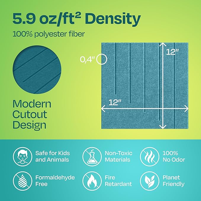 Acoustic Panels 12-Pack Soundproof Wall Panels 12"x12"x0.4" Decorative Sound Dampening for your Home, Office, Studio, Bedroom & More with Unique LineWave Carving [Light Turquoise]