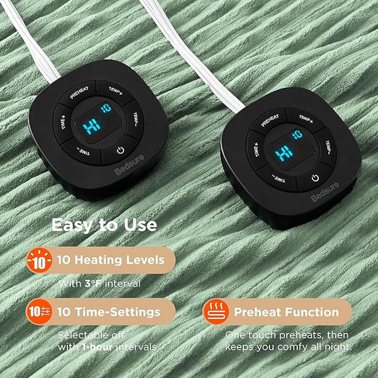 Bedsure GentleSoft Electric Blanket Queen Size - Soft Ribbed Flannel Heated Blanket with Dual Control, Heating with 10 Heat Settings & 10 Time Settings, 8 hrs Timer Auto Shut Off (84x90 inches, Green)