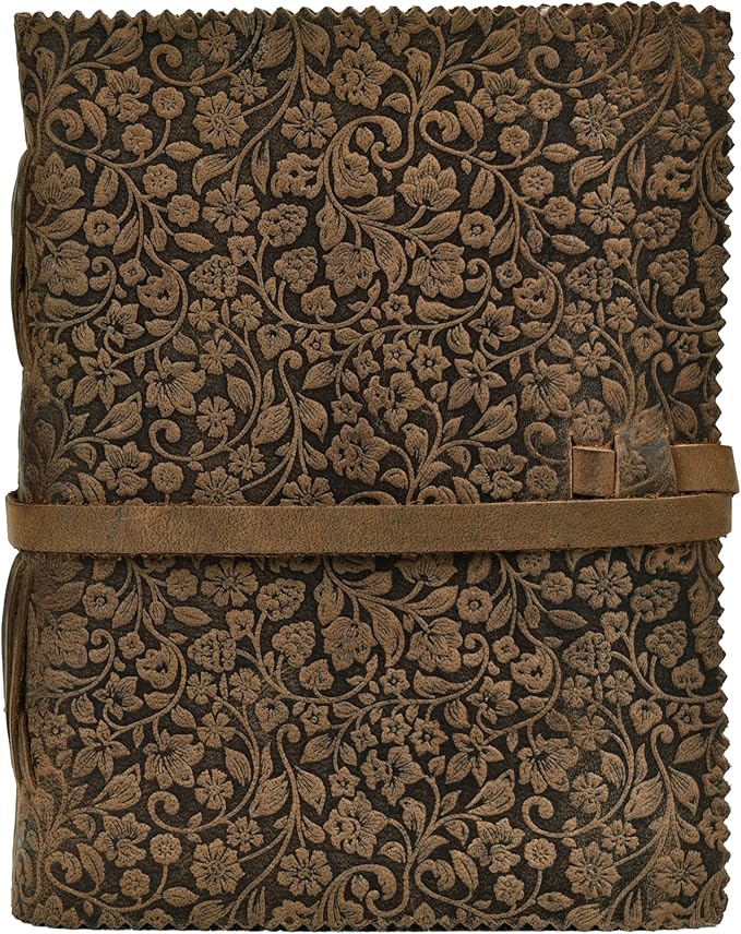 LEATHER VILLAGE Leather Bound Floral Embossed Journal for Women Men - 200 Pages, 10X7 Inches, Brown - Book of Shadows, Vintage Blank Paper Travel Diary, Notebook for Writing, Drawing, Sketchbook