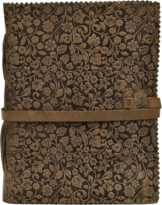 LEATHER VILLAGE Leather Bound Floral Embossed Journal for Women Men - 200 Pages, 13X8 Inches, Brown - Book of Shadows, Vintage Blank Paper Travel Diary, Notebook for Writing, Drawing, Sketchbook