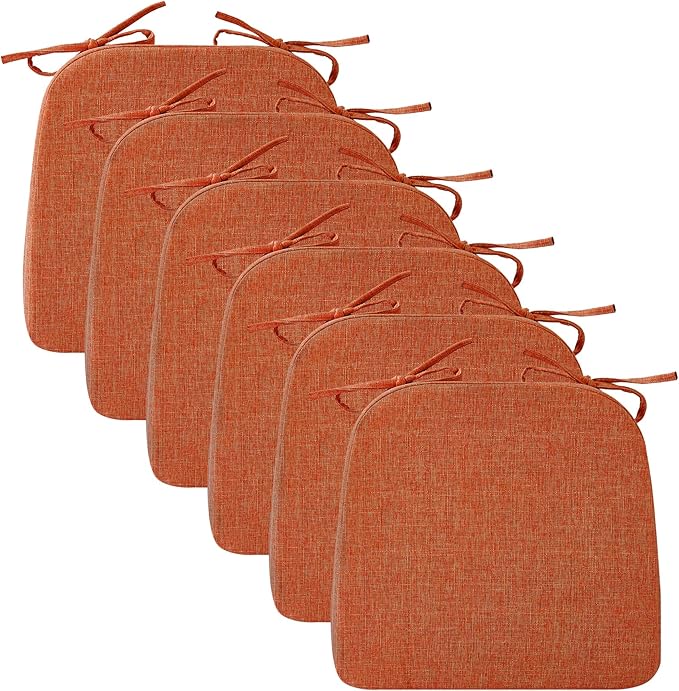 Chair Cushions for Dining Chairs, 2" Thick Seat Cushions for Kitchen Chairs, D-Shaped Chair Pads with Washable Cover, Ties and Non Slip Backing, 17'' x 16'', Set of 6, Orange