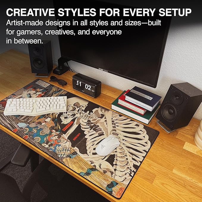 MPCO. Ukiyo-E Large Gaming Desk Pad - 36" x 17" Aeroglyde Fabric Skeleton Desk Mats - Washable, Smooth Glide for Precision Gaming & Work