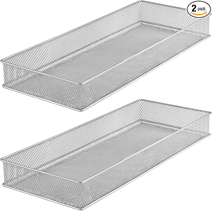 YBM HOME Silver Mesh Drawer Cabinet and or Shelf Organizer Bins, School Supply Holder Office Desktop Organizer Basket (2, 6x15x2 Inch)