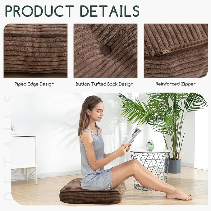 HIGOGOGO Tufted Corduroy Recliner Seat Cushion for Elderly, High Density Foam Large Square Seat Cushion for Recliner Chair, Floor Pillow, Office Chair, Car, No Pressure on Thighs, 20x20x4