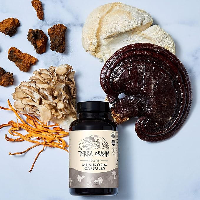 TERRA ORIGIN Healthy Mushroom Complex Supplement | 90 Capsules | Reishi, Lions Mane, Changa, Cordyceps, Maitake | Immune & Nootropic Brain Support | Certified USDA Organic, Non GMO, Vegan