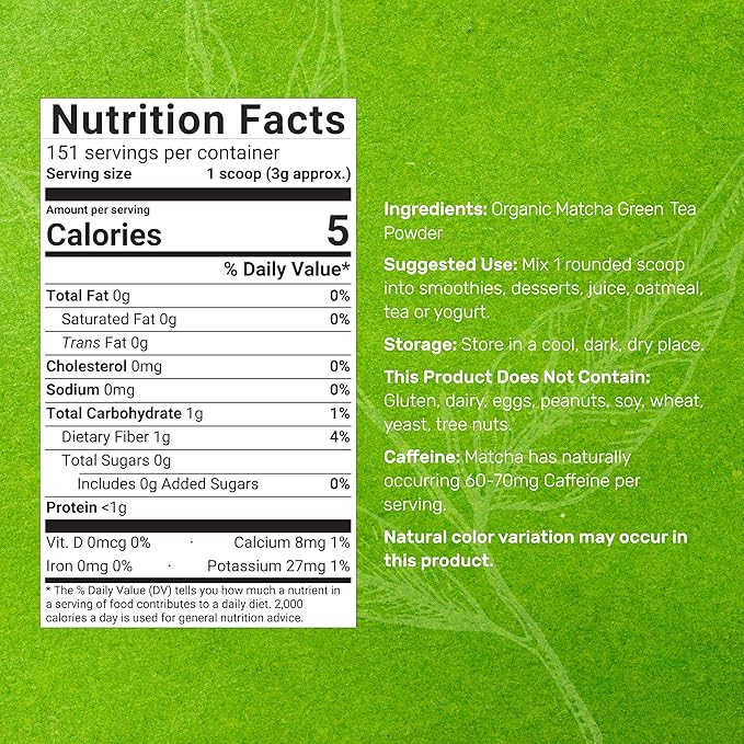 Organic Matcha Green Tea Powder, 1 lb (454g) | First Harvest, Culinary Grade | Japanese Sourced Cafe Mix | Zero Sugar, Keto Friendly, Non-GMO, Vegetarian