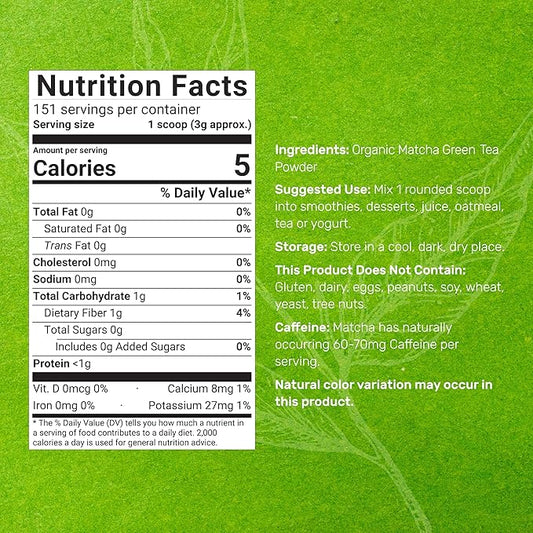 Organic Matcha Green Tea Powder, 1 lb (454g) | First Harvest, Culinary Grade | Japanese Sourced Cafe Mix | Zero Sugar, Keto Friendly, Non-GMO, Vegetarian