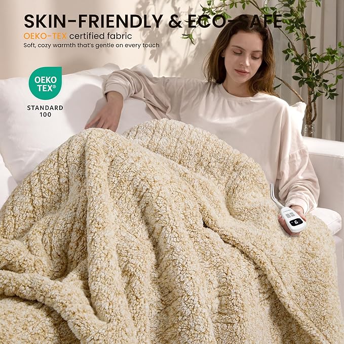 Electric Heated Blanket Queen 84x90 inches, Fast Heating w/ 10 Heat Settings & 2/4/8/10H Auto Timer, Double-Sided Sherpa, Ultra Soft & Cozy for Couch, Bed, Office, Machine Washable, Light Camel