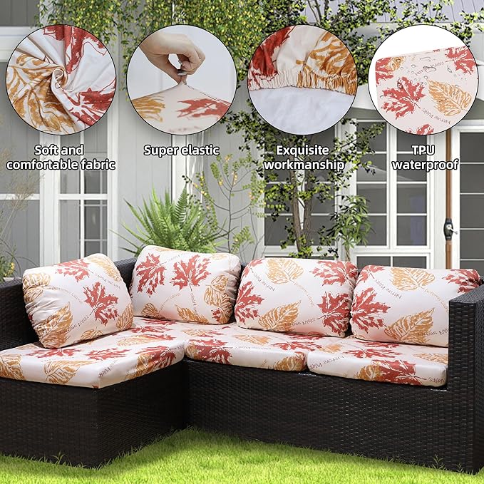 8Pcs Stretch Patio Cushion Covers Outdoor Cushion Cover, Jacquard Stretch Cushion Covers, Cover Replacement, Outdoor Sofa Covers, Washable Furniture Couch Cushion Cover (Red Maple)