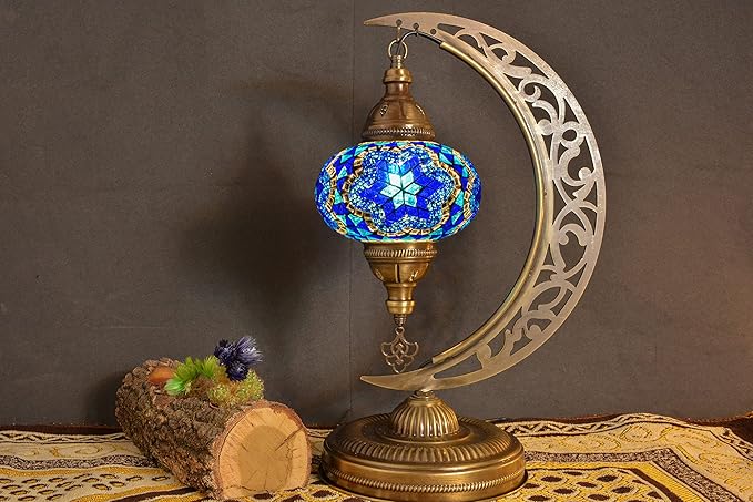 mozaist Moroccan Mosaic Crescent Shape Table Lamp, Turkish Moon Tiffany Style Handmade Desk Dim Light, Farmhouse Living Room Luna Lighting, Unique Turkish Gift with E12 Socket & US Plug (Sea Blue)